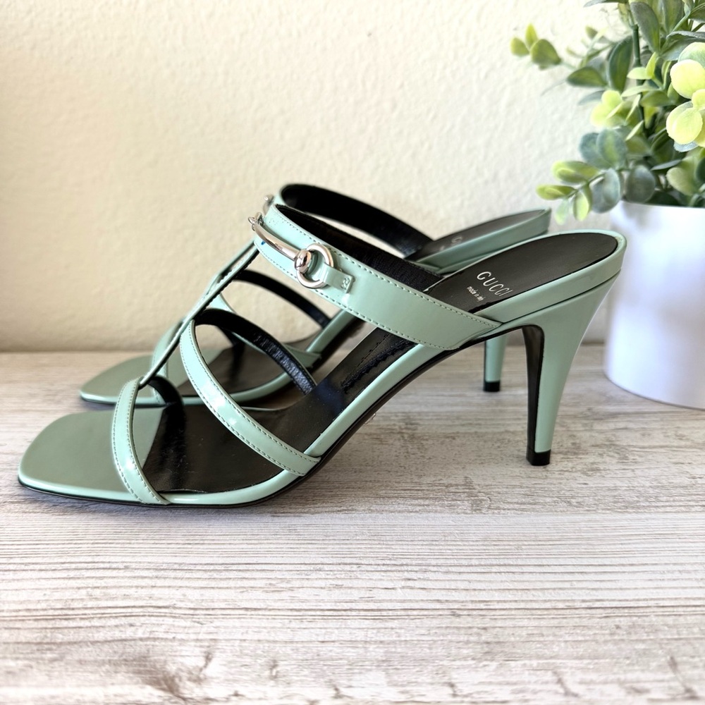New Gucci Horsebit leather mules heeled sandals, green, size 38.5, US 8.5 - Picture 4 of 9